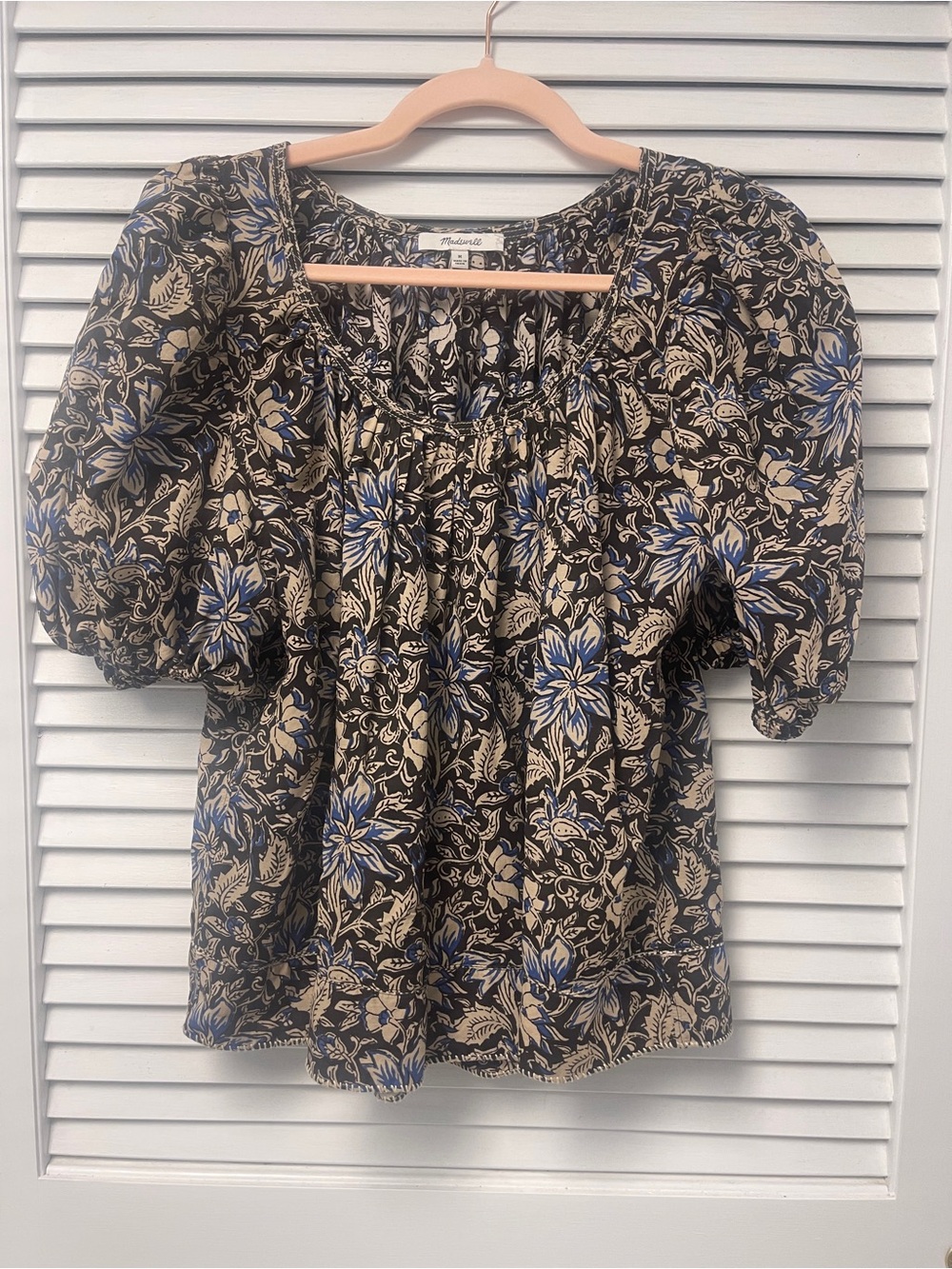 Madewell Black Floral Puff-Sleeve Blouse with Blue Accents